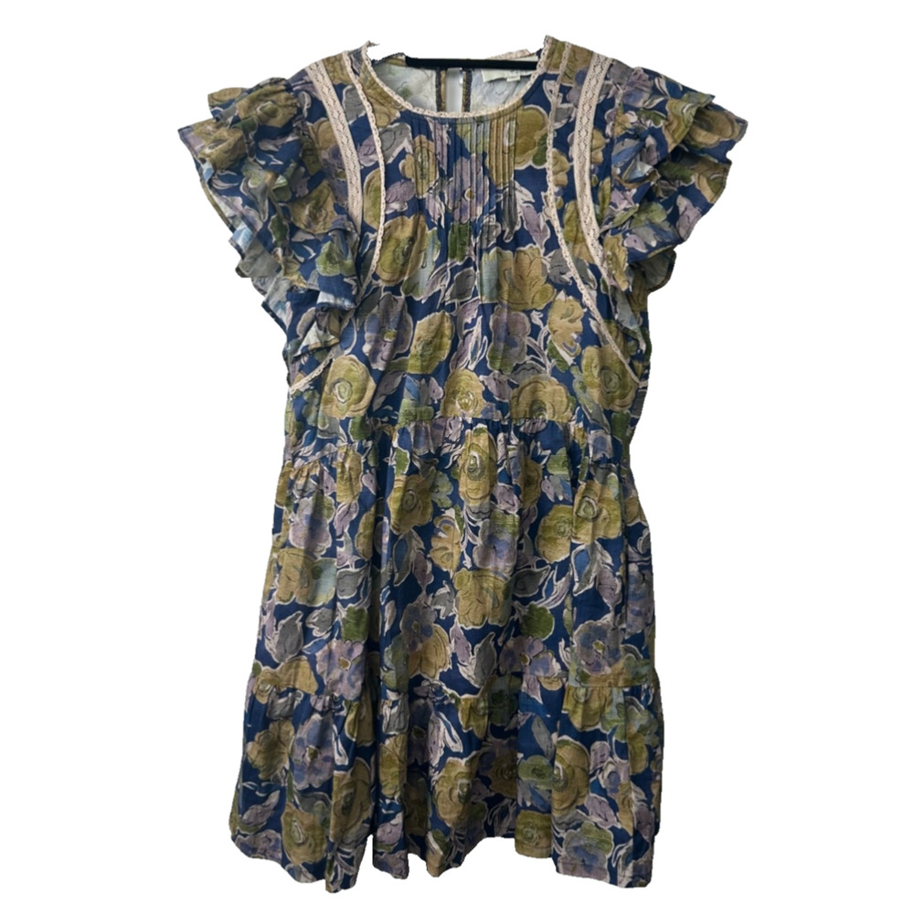 Pinch Womens L Floral Ruffle Tiered Flutter Sleeve Dress Pockets Pintuck Cttn D9